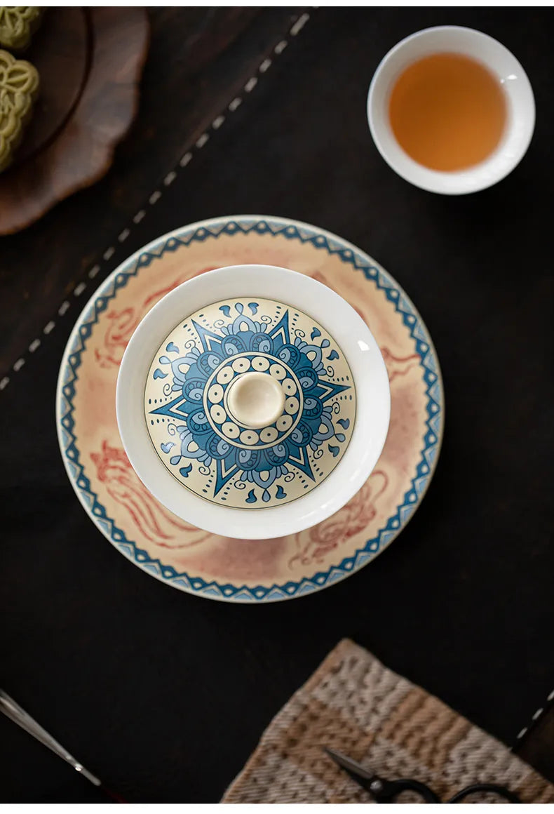 Dunhuang-Inspired Gaiwan with Flying Apsaras Motif – Three-Piece Ceramic Covered Tea Bowl