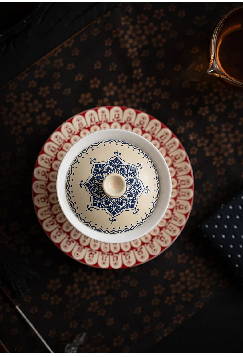 Three-Tier Gaiwan with Thousand Buddhas Motif – Traditional Chinese Covered Tea Bowl