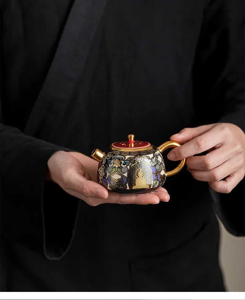 "Black Ceramic Teapot Inspired by Tibetan Thangka Art"