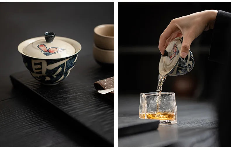 Hand-Painted Lotus Gaiwan – “Fortune Arises from Vitality” Covered Tea Bowl for Gongfu Brewing