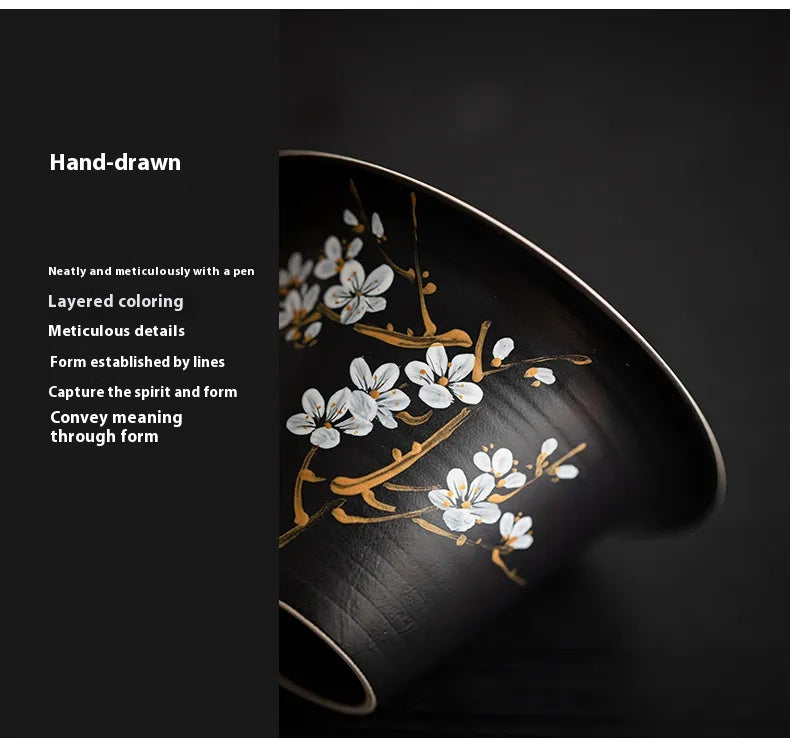 Powder-Glazed Gaiwan with Hand-Painted Plum Blossom Design – Three-Piece Ceramic Tea Bowl for Gongfu Brewing