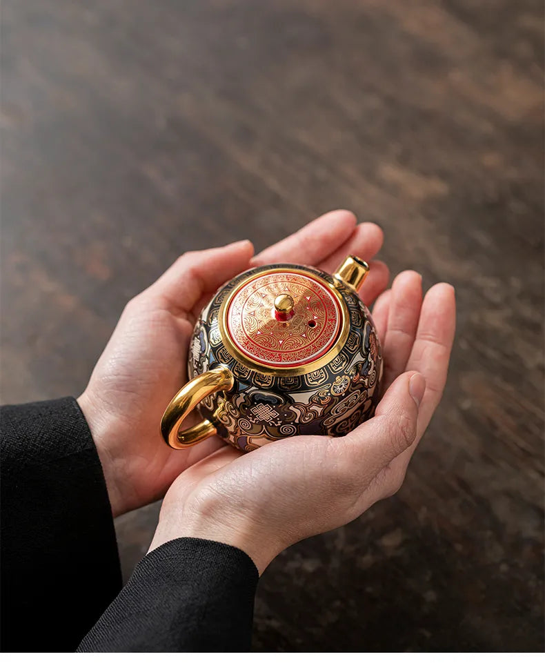 "Black Ceramic Teapot Inspired by Tibetan Thangka Art"