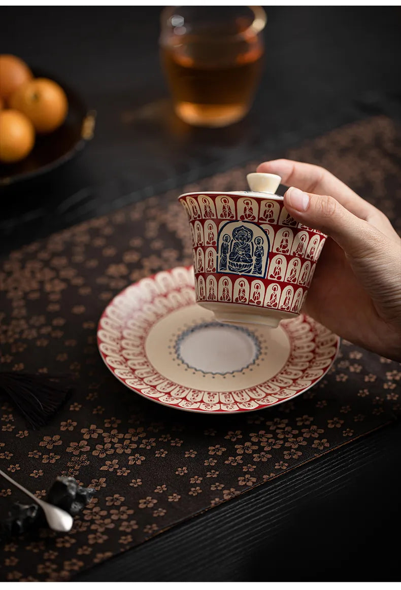 Three-Tier Gaiwan with Thousand Buddhas Motif – Traditional Chinese Covered Tea Bowl