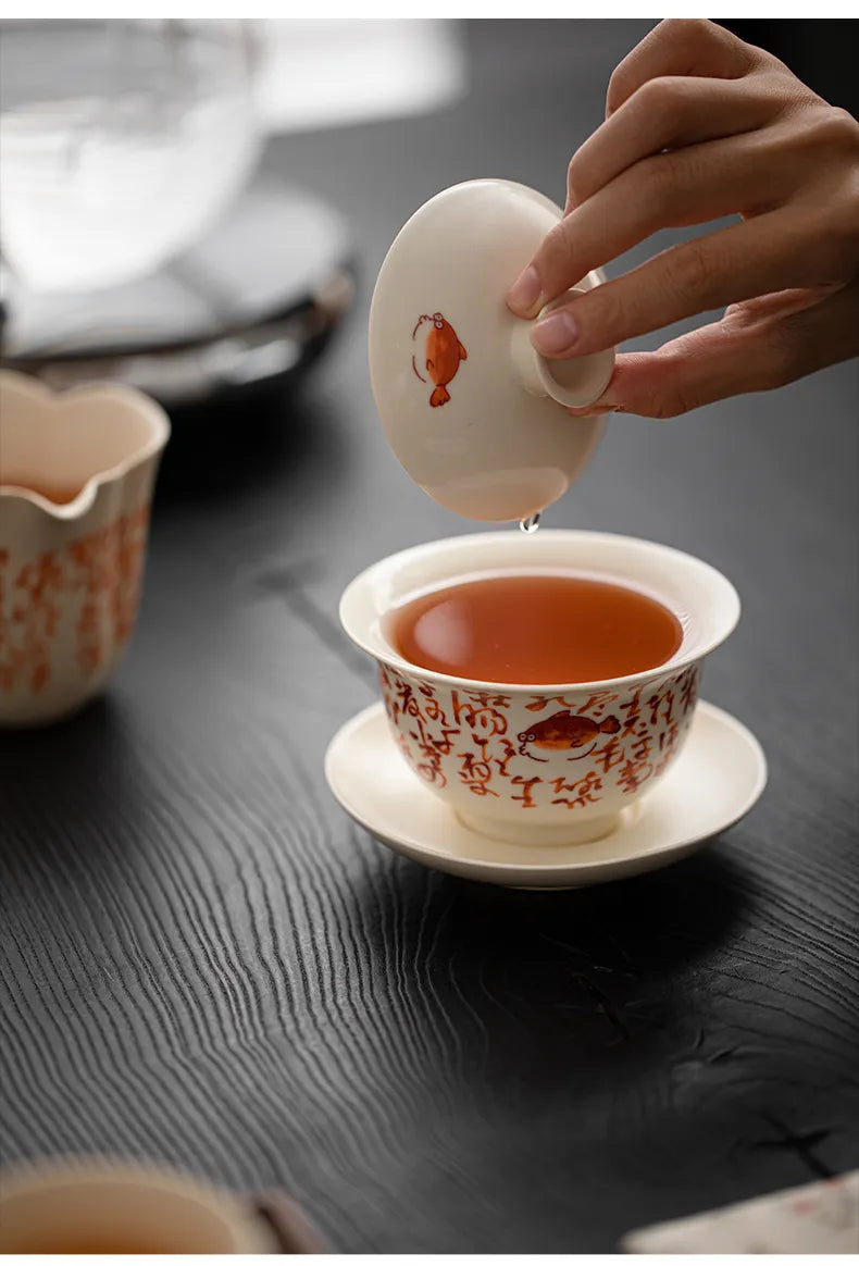Soda Glaze Three-Piece Gaiwan – Calligraphy & Poetry Tea Bowl for Gongfu Brewing