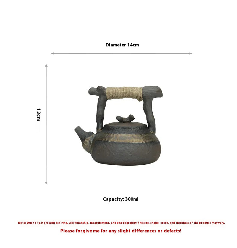 "Rustic Rough Pottery Teapot – Withered Wood Handle, Vintage Chinese Carrying Teapot"