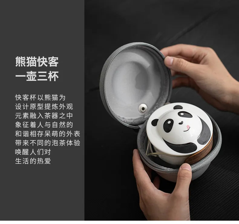Panda Travel Tea Set – One Pot with Three Cups, Portable Kungfu Teaware