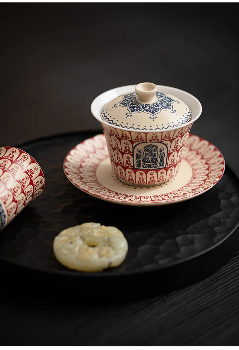 Three-Tier Gaiwan with Thousand Buddhas Motif – Traditional Chinese Covered Tea Bowl