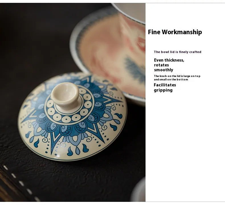 Dunhuang-Inspired Gaiwan with Flying Apsaras Motif – Three-Piece Ceramic Covered Tea Bowl