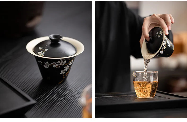 Powder-Glazed Gaiwan with Hand-Painted Plum Blossom Design – Three-Piece Ceramic Tea Bowl for Gongfu Brewing