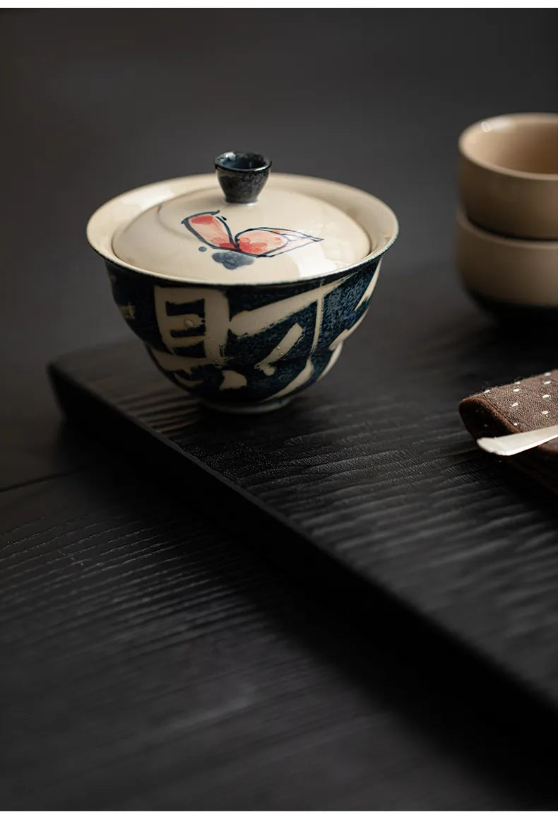Hand-Painted Lotus Gaiwan – “Fortune Arises from Vitality” Covered Tea Bowl for Gongfu Brewing