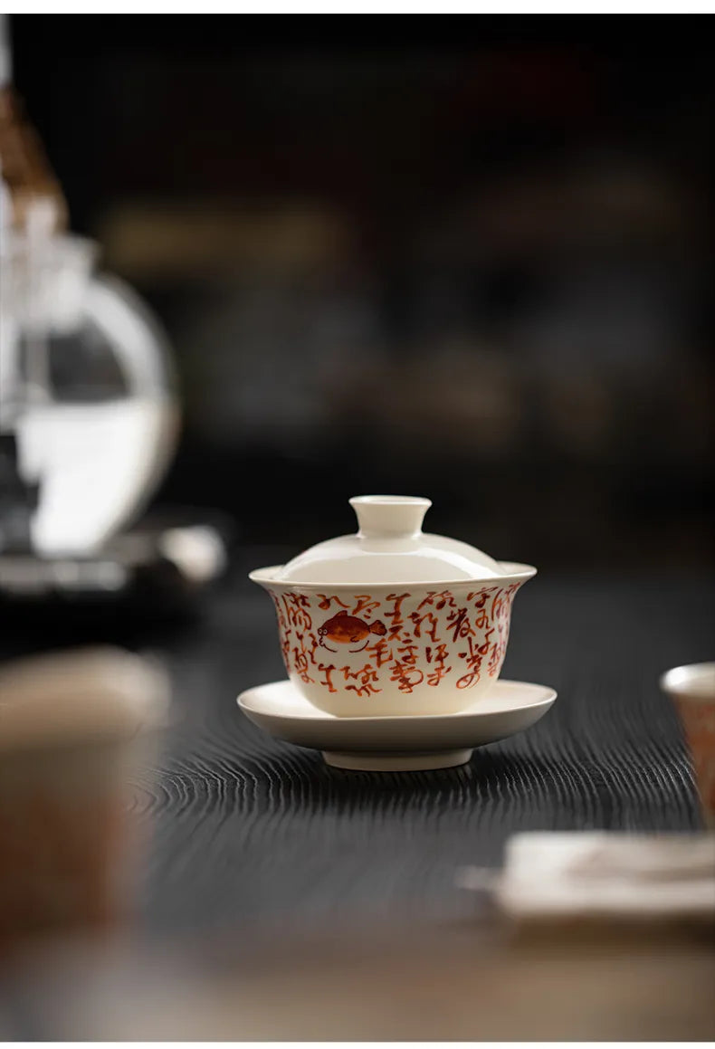 Soda Glaze Three-Piece Gaiwan – Calligraphy & Poetry Tea Bowl for Gongfu Brewing