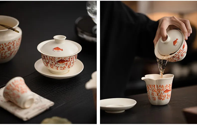 Soda Glaze Three-Piece Gaiwan – Calligraphy & Poetry Tea Bowl for Gongfu Brewing